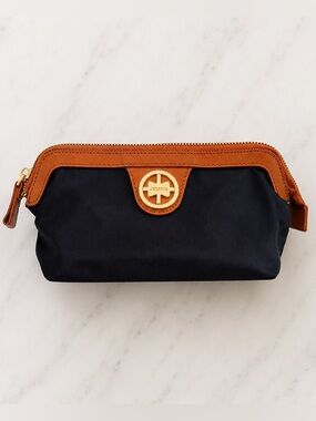Jemma Birdie 43 Cosmetic Toiletry Bag Oxford Blue Cognac Brown Trim